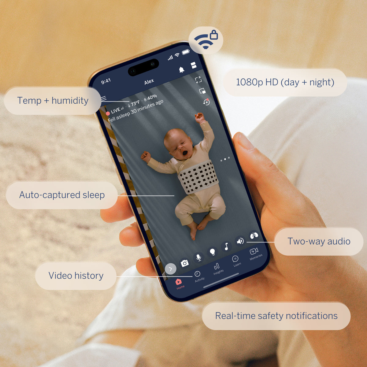 | Application du babyphone intelligent Nanit avec vidéo HD 1080p, suivi du sommeil, historique vidéo, audio bidirectionnel, température, humidité et alertes de sécurité en temps réel