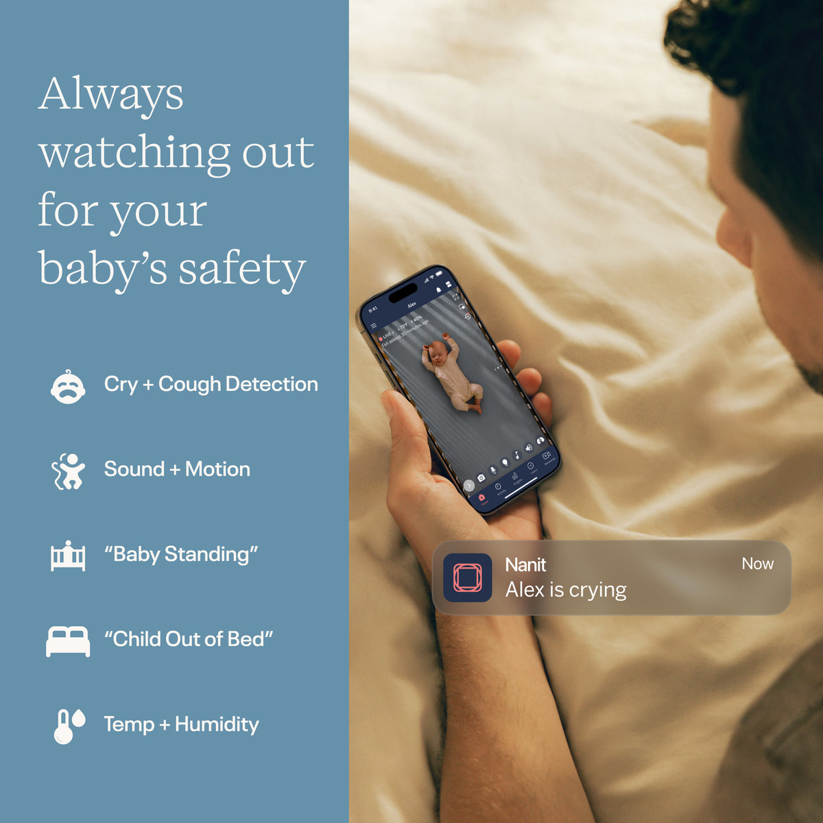 | Nanit smart baby monitor with real-time alerts for crying, sounds, movement, getting out of bed, temperature and humidity