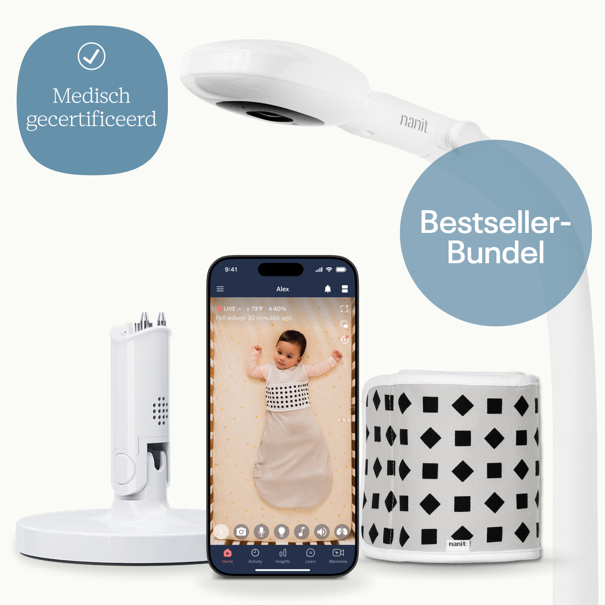 NL | Nanit Bestseller-bundel met Pro babyfoon, vloerstandaard, app en Ademhalingsband
