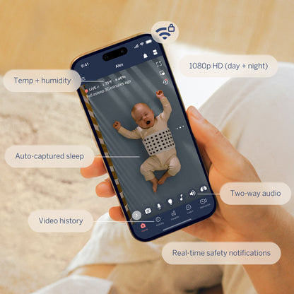 | Application du babyphone intelligent Nanit avec vidéo HD 1080p, suivi du sommeil, historique vidéo, audio bidirectionnel, température, humidité et alertes de sécurité en temps réel
