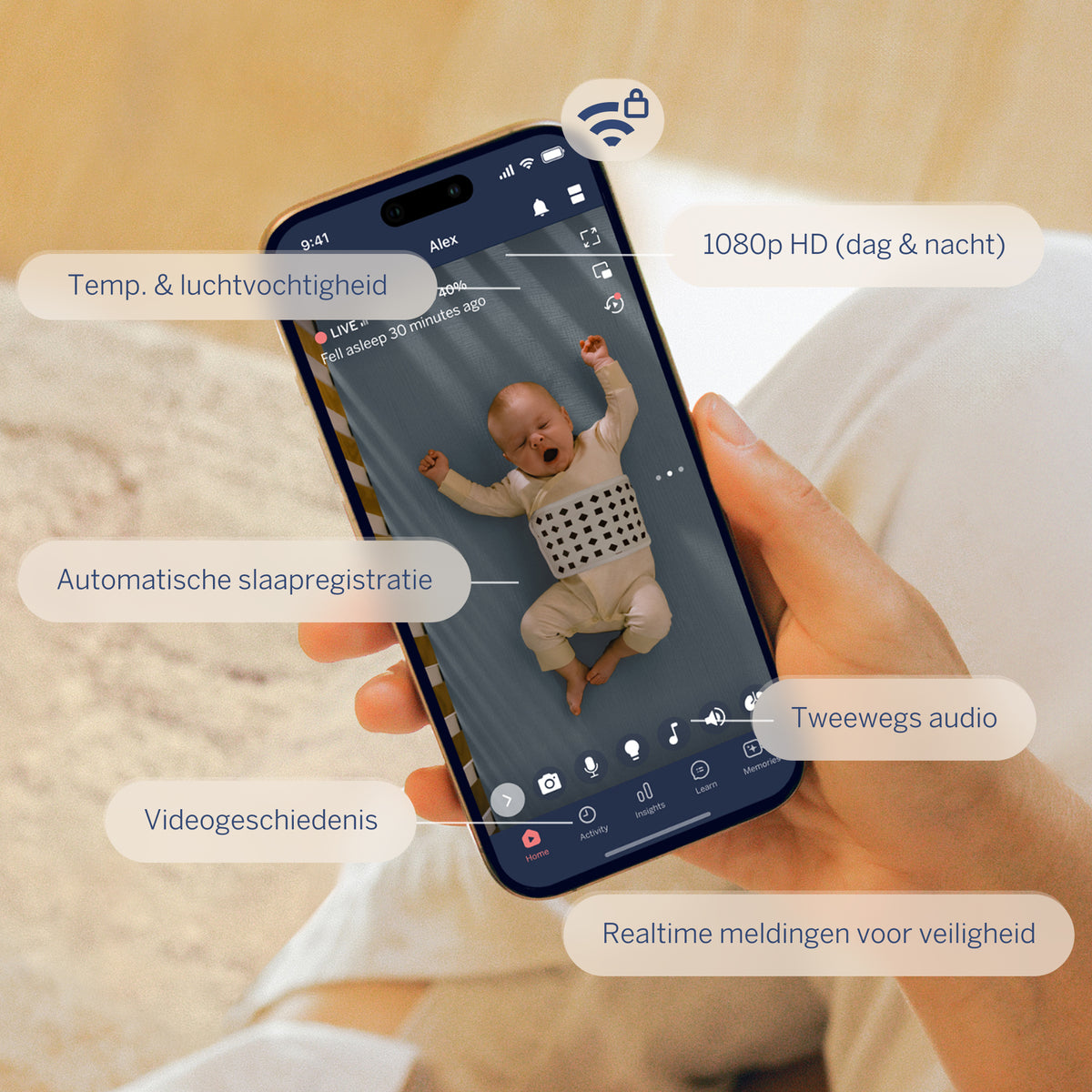 | Nanit slimme babyfoon-app met 1080p HD-video, slaapregistratie, videogeschiedenis, tweewegsaudio, temperatuur- en luchtvochtigheidsmeting en realtime veiligheidsmeldingen