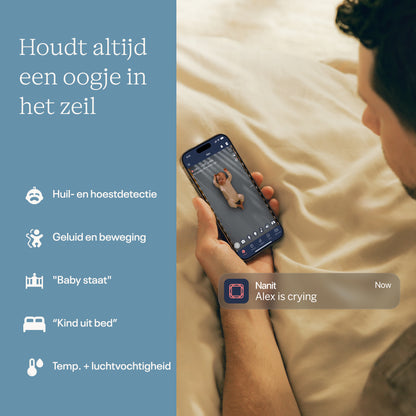 | Nanit slimme babyfoon met realtime meldingen voor huilen, geluid, beweging, uit bed gaan, temperatuur en luchtvochtigheid