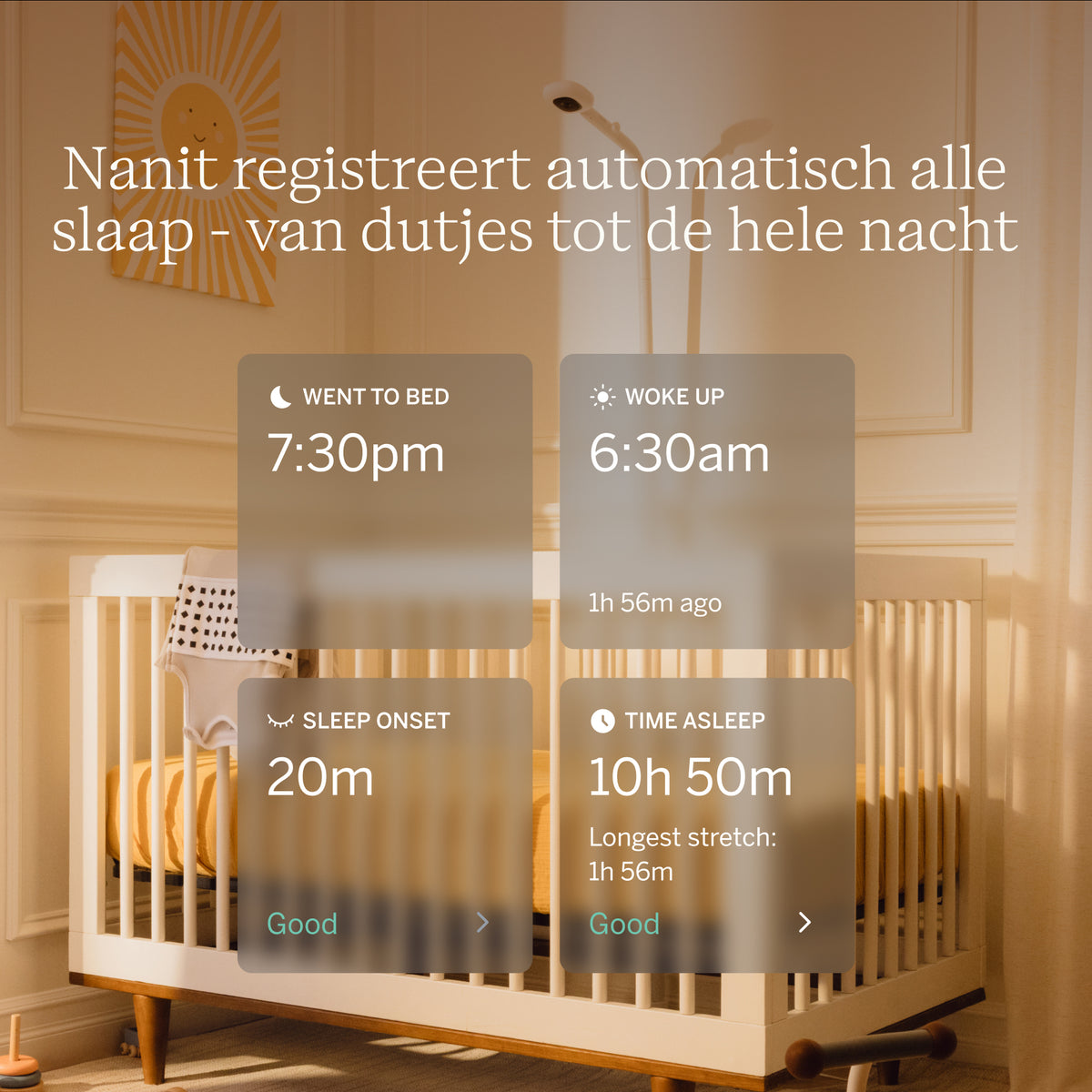 | Nanit automatische slaaptracking met inzicht in bedtijd, inslaaptijd, slaapduur en wakker worden van je baby