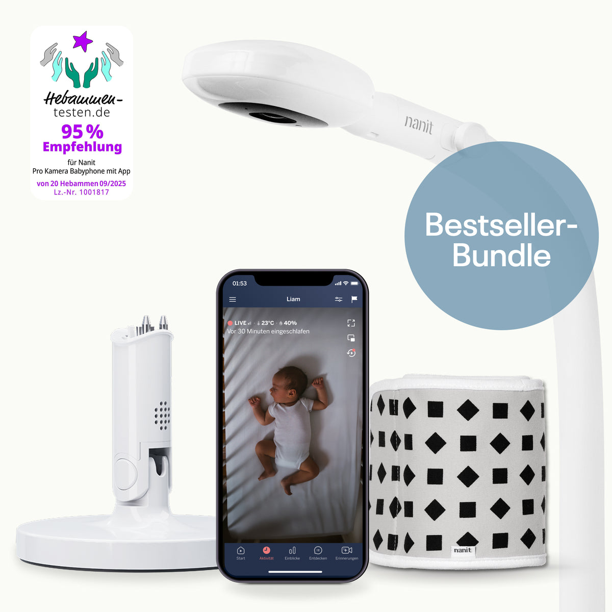 DE | Nanit Bestseller-Bundle mit Pro Babyphone, Bodenständer, App und Atemband