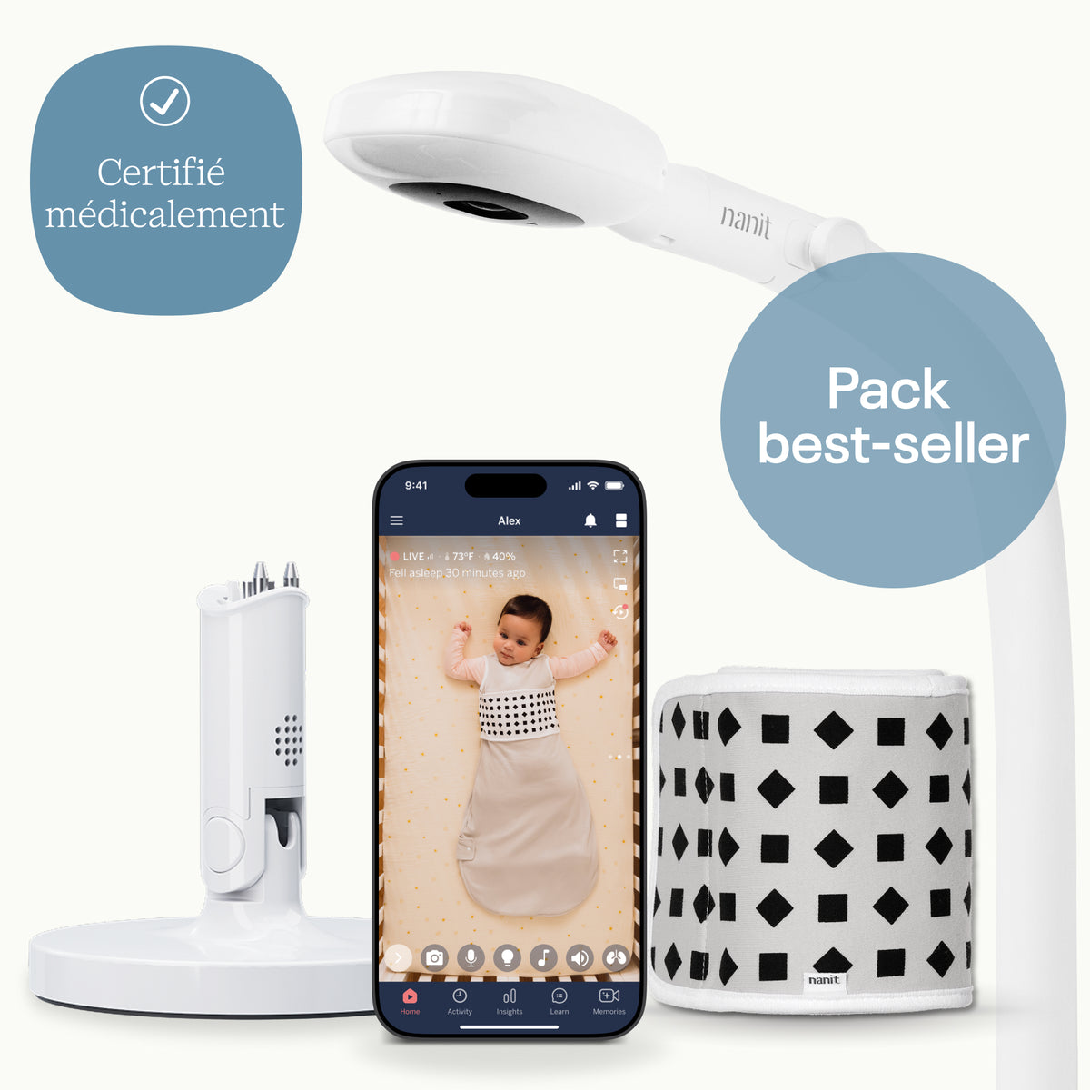 FR | Bundle Bestseller Nanit avec babyphone Pro, support au sol, application et Bande respiratoire