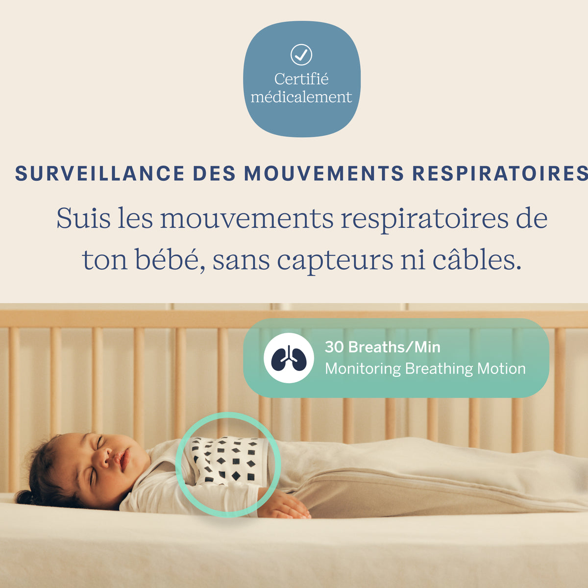 | La surveillance respiratoire Nanit suit les mouvements respiratoires de ton bébé sans câbles ni capteurs grâce à la Bande respiratoire Nanit